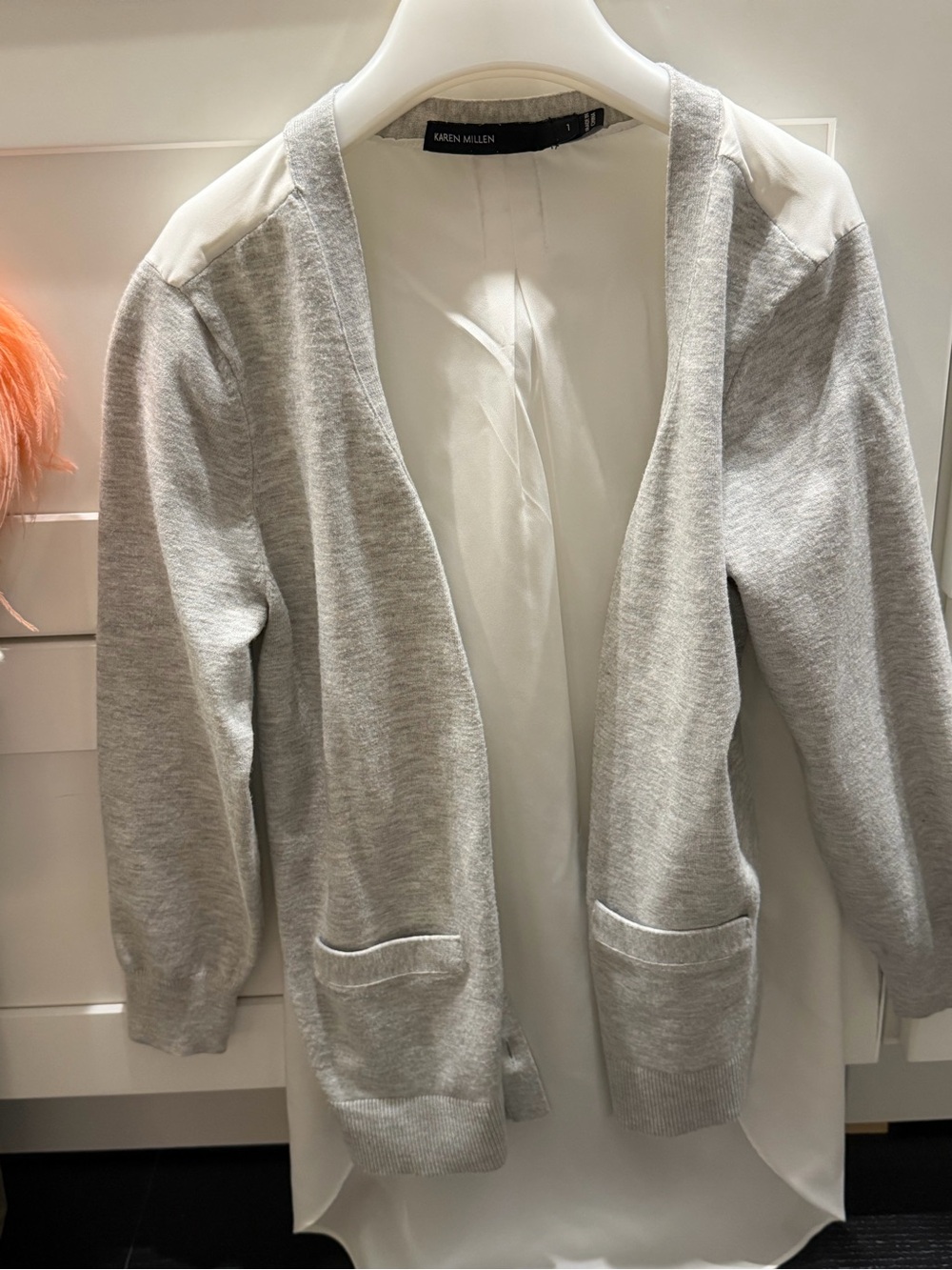 Karen Millen Light Grey & White Open-Front Knit Cardigan